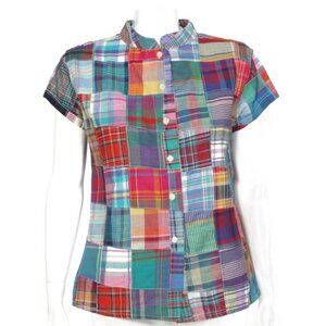 NWT ROSETTES Plaid Madras Patchwork Lace Up Tie Back Short Sleeve Top sz S /262